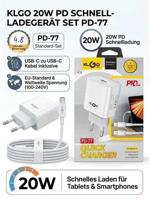 USB C Ladegerät 20W Schnellladegerät Netzstecker mit USB-C Ladekabel KLGO PD-77