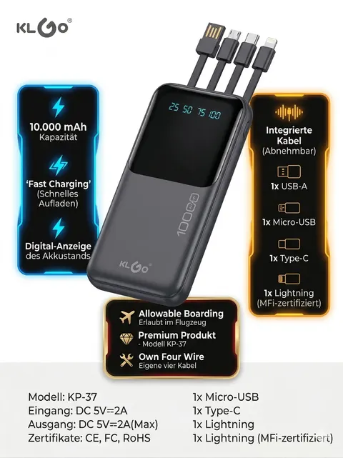 Powerbank 10000mAh mit integriertem Kabel abnehmbar USB-C Micro-USB Display KLGO