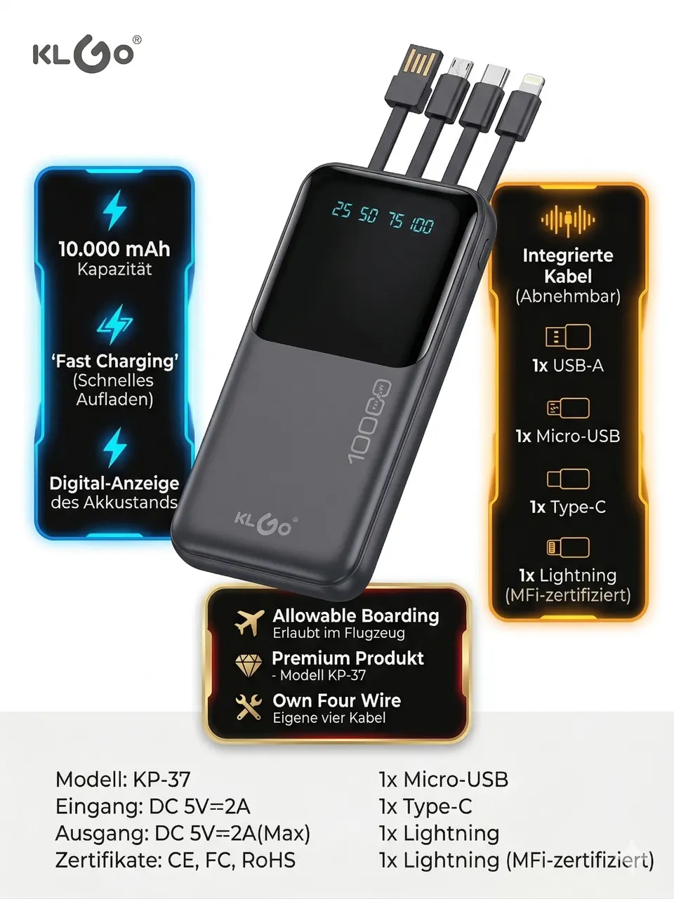 Powerbank 10000mAh mit integriertem Kabel abnehmbar USB-C Micro-USB Display KLGO