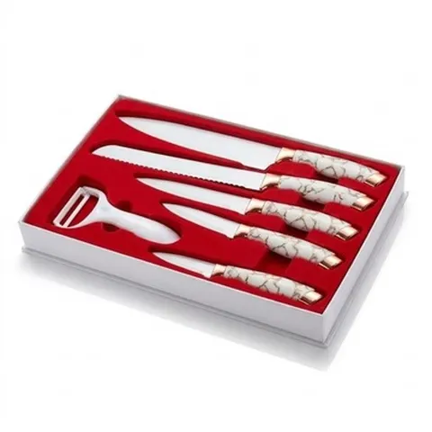 Messerset 5-teilig Küchenmesser Set Marmor-Optik Weiß Geschenkbox Kochmesser – Bild 4