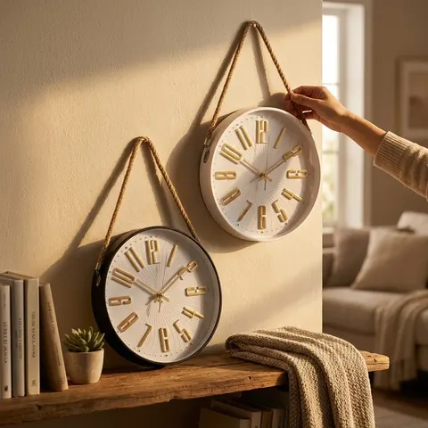 Wanduhr rund 29 cm mit Jute-Seil goldene 3D-Ziffern Weiß Schwarz Deko Xani &ndash; Bild 5