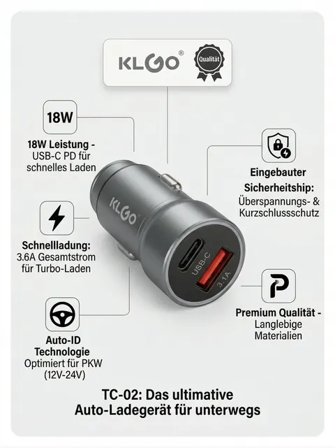 Auto Ladegerät USB C KFZ Schnellladegerät 18W PD + USB-A 3.1A 12V 24V KLGO TC-02
