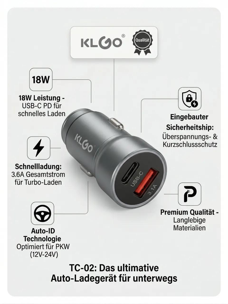 Auto Ladegerät USB C KFZ Schnellladegerät 18W PD + USB-A 3.1A 12V 24V KLGO TC-02