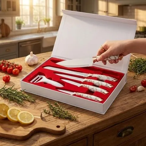 Messerset 5-teilig Küchenmesser Set Marmor-Optik Weiß Geschenkbox Kochmesser – Bild 3