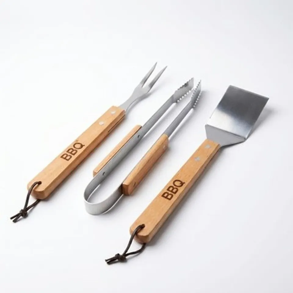 Grillbesteck 3-teilig Edelstahl Holzgriff BBQ Set Zange Gabel Wender Xani