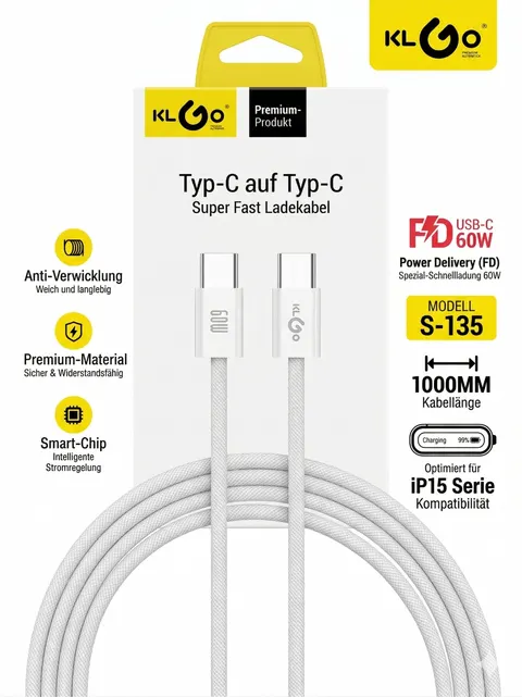 USB C Kabel 1m 60W USB-C auf USB-C Ladekabel Datenkabel Nylon Weiß KLGO