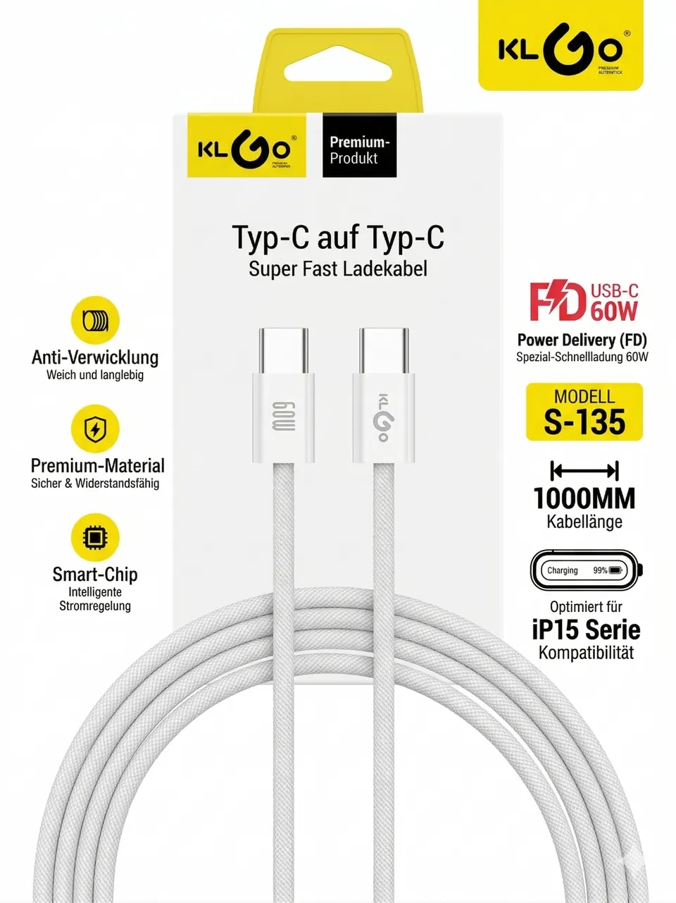 USB C Kabel 1m 60W USB-C auf USB-C Ladekabel Datenkabel Nylon Weiß KLGO