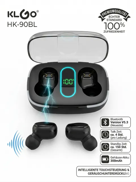 Bluetooth Kopfhörer In Ear Bluetooth 5.3 LED-Ladecase Touch Schwarz KLGO HK-90BL