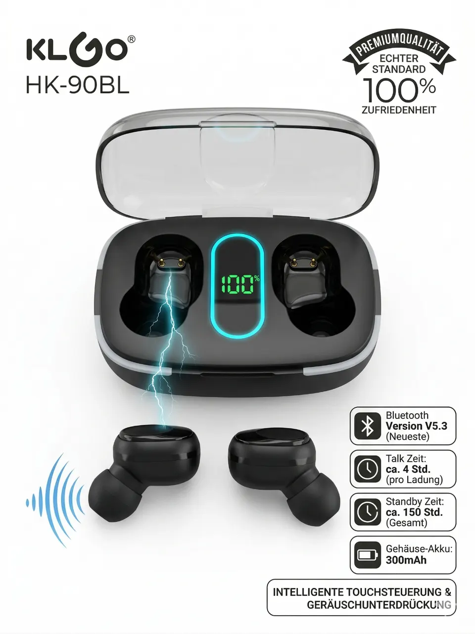 Bluetooth Kopfhörer In Ear Bluetooth 5.3 LED-Ladecase Touch Schwarz KLGO HK-90BL