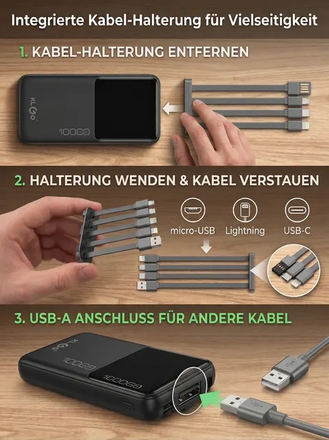 Powerbank 10000mAh mit integriertem Kabel abnehmbar USB-C Micro-USB Display KLGO – Bild 3