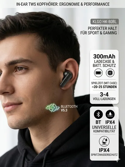 In Ear Kopfhörer Bluetooth 5.3 TWS LED Ladecase Gaming IPX4 bis 25h Akku KLGO – Bild 3