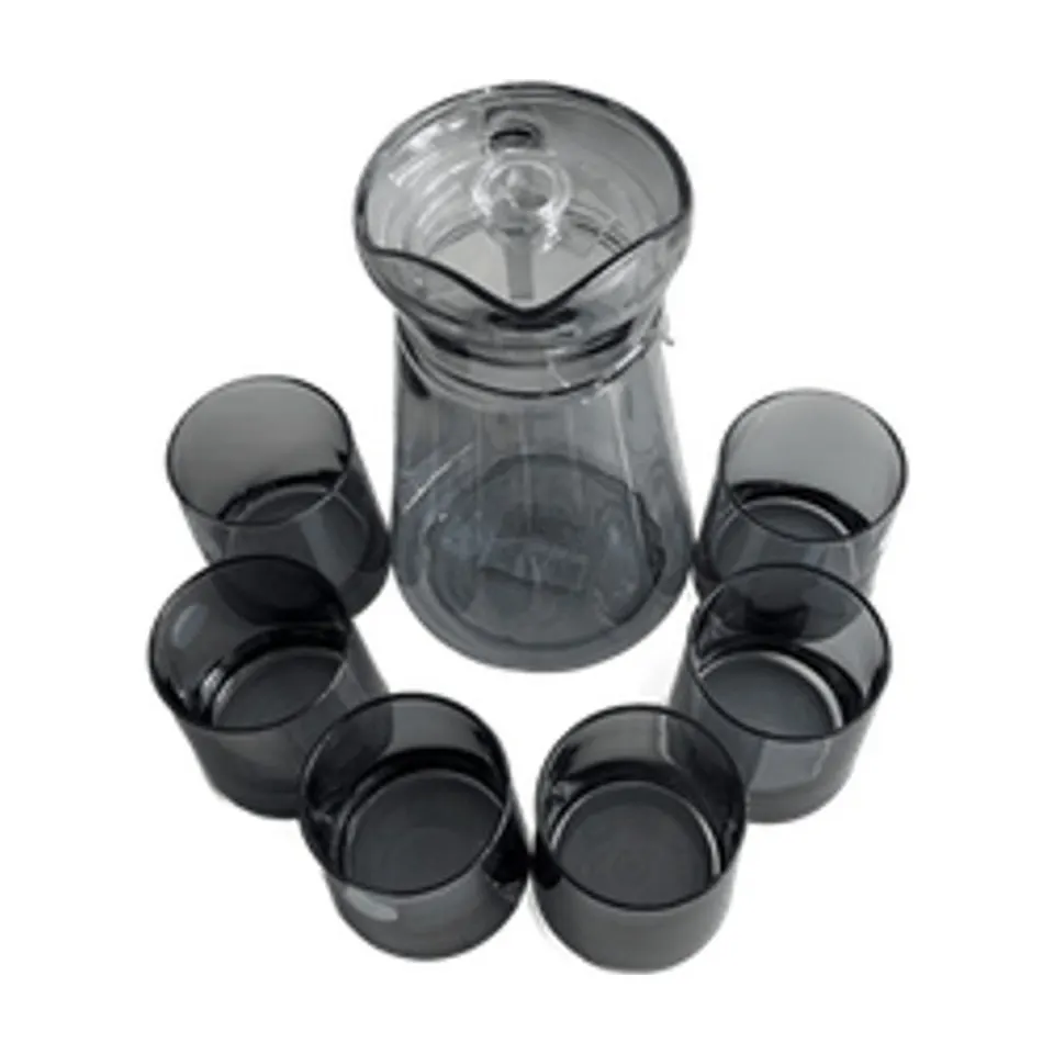 Wasserkrug Glas 1,3 L mit Deckel + 6 Trinkbecher 260 ml Set grau getönt
