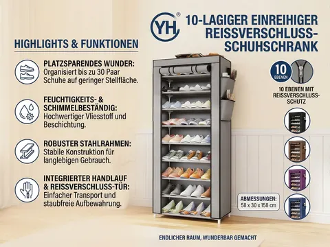 Schuhregal 10 Ebenen Stoff Schuhschrank 158 cm Flur Schuhaufbewahrung 5 Farben