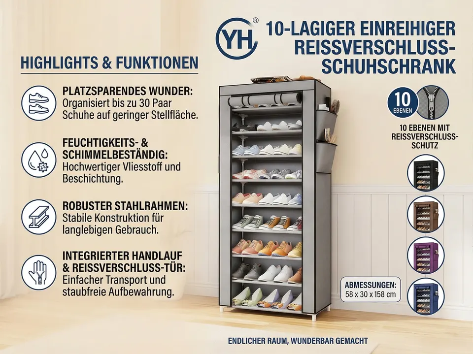 Schuhregal 10 Ebenen Stoff Schuhschrank 158 cm Flur Schuhaufbewahrung 5 Farben