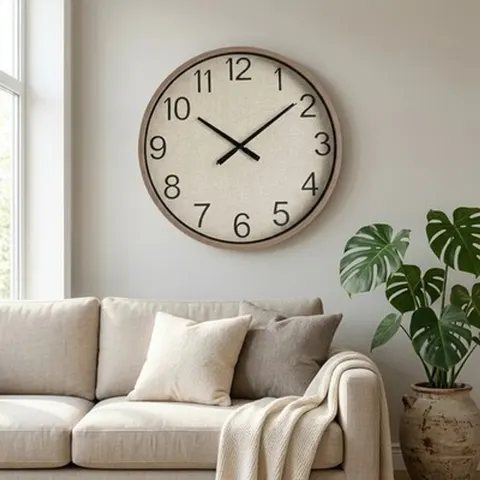 Wanduhr Groß 39cm Holzrahmen Leinen Optik Lautlos Wohnzimmer Modern Design – Bild 3