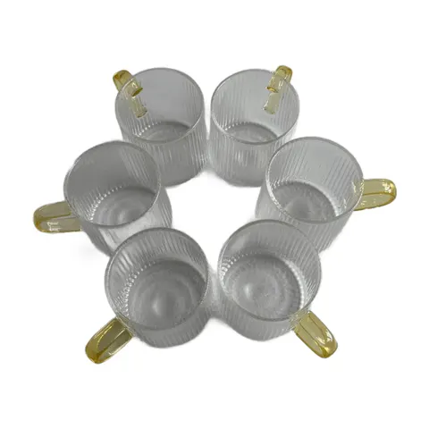Teegläser mit Henkel 6er Set 110 ml Glas gerippt goldfarbener Henkel Teeglas