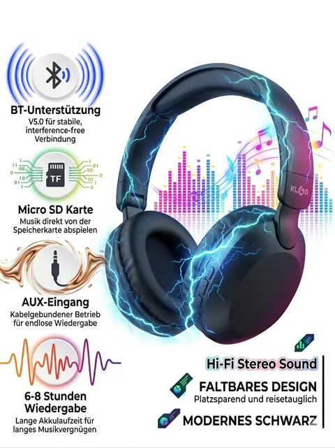 Over Ear Kopfhörer Bluetooth 5.0 kabellos faltbar Mikrofon Micro SD AUX KLGO B22