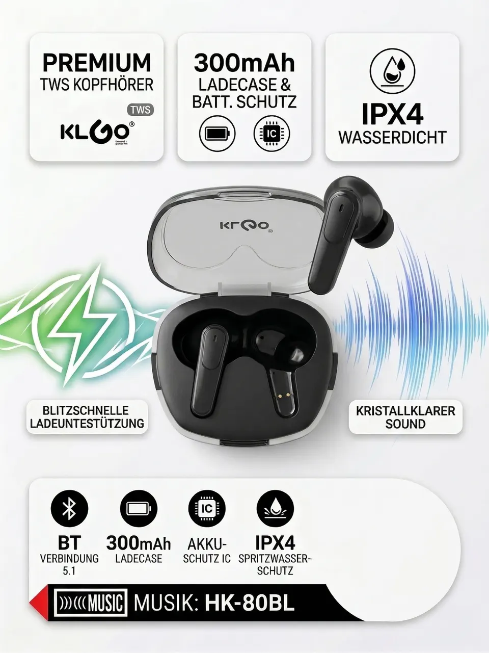 In Ear Kopfhörer Bluetooth 5.3 TWS LED Ladecase Gaming IPX4 bis 25h Akku KLGO
