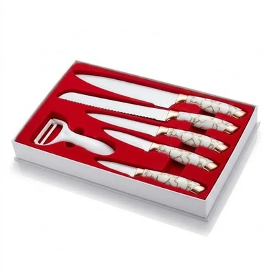 Messerset 5-teilig Küchenmesser Set Marmor-Optik Weiß Geschenkbox Kochmesser